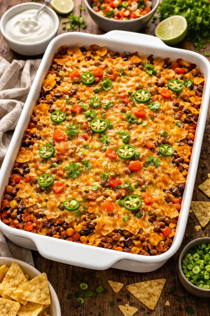 12 Dump and Bake Casseroles With No Fuss 4 Taco casserole with beef, black beans, corn, and tortilla chips baked in a dish