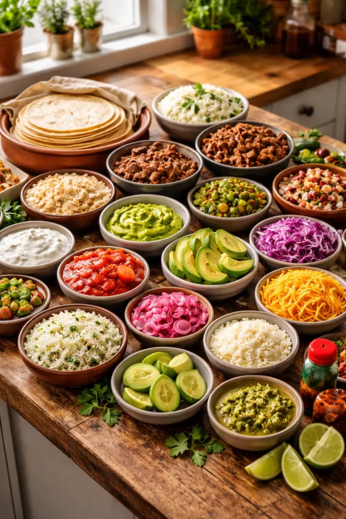 12 Mexican Dinner Recipes for Taco Night 13 Taco night spread on rustic counter with crema, guacamole, pico de gallo, lime, cabbage, radishes, cheese, rice, beans, and warm tortillas.