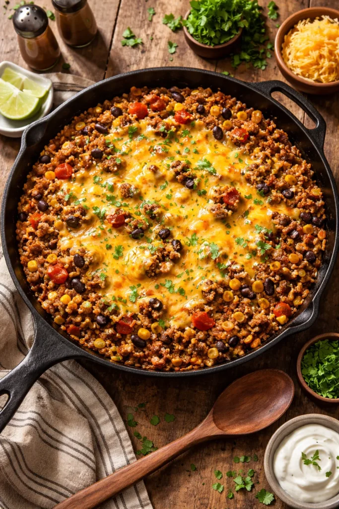 12 Kid-Friendly Dinners Beyond Chicken Nuggets 1 Cast-iron skillet with cheesy taco rice featuring beef, rice, beans, corn and melted cheddar