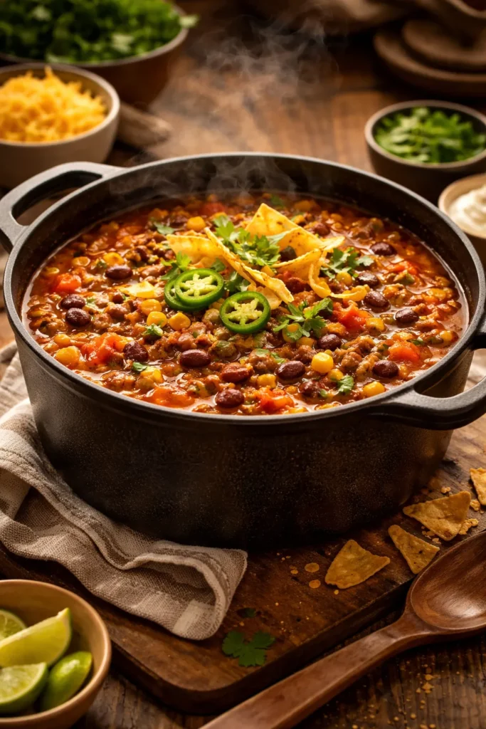 10 Cheap Family Dinners Everyone Eats 1 Steaming taco soup in a cast-iron pot on a wooden counter