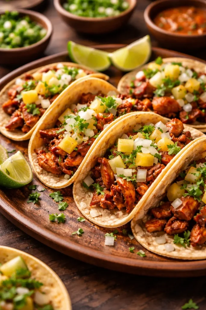 12 Mexican Dinner Recipes for Taco Night 6 Tacos al Pastor with pork, pineapple, onion, cilantro on a warm platter.