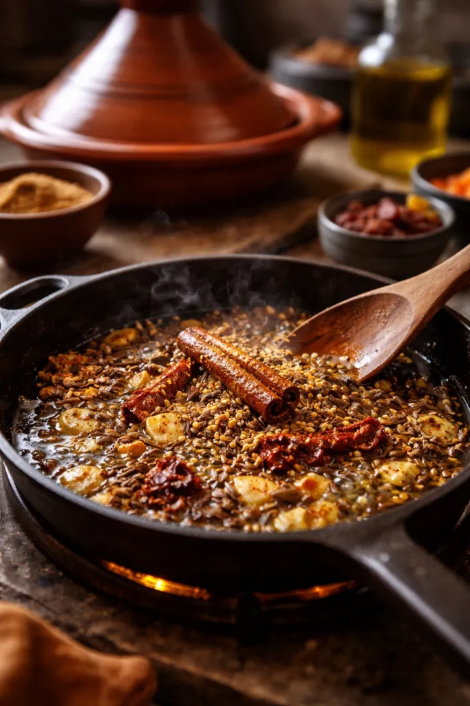 Spices blooming in oil to boost tagine flavor