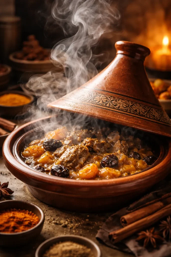 Close-up of a traditional clay tagine with conical lid and steam