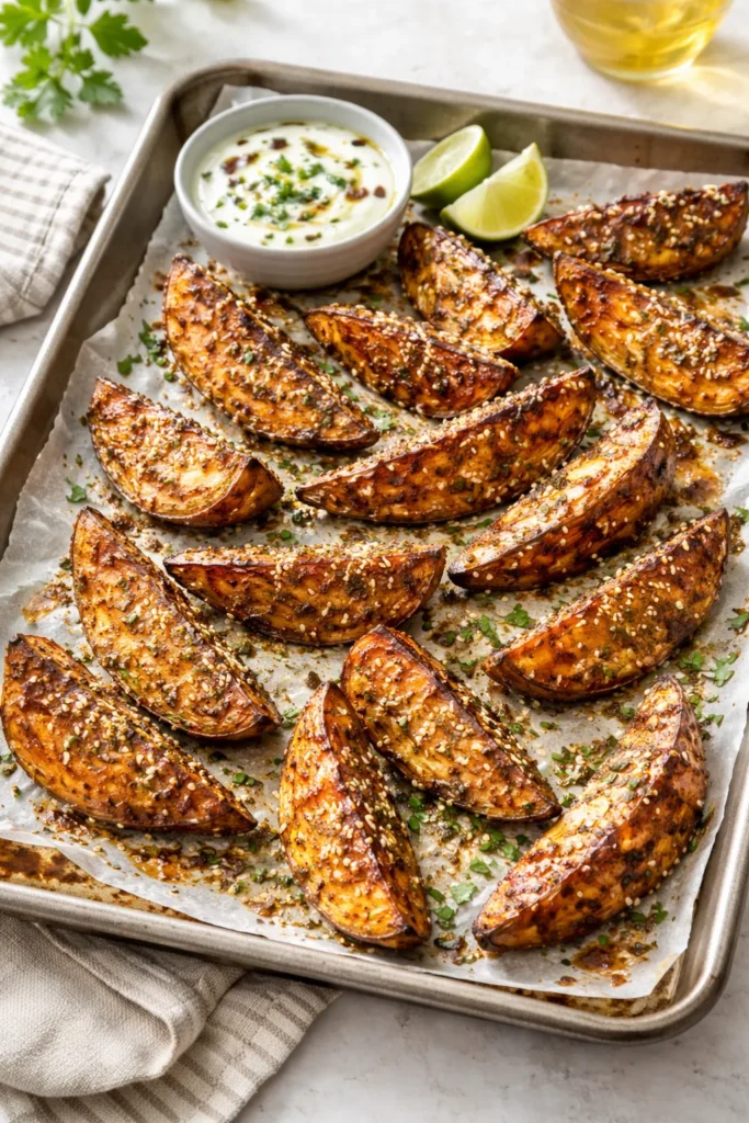 Tahini-coated sweet potato wedges with za'atar on a parchment sheet