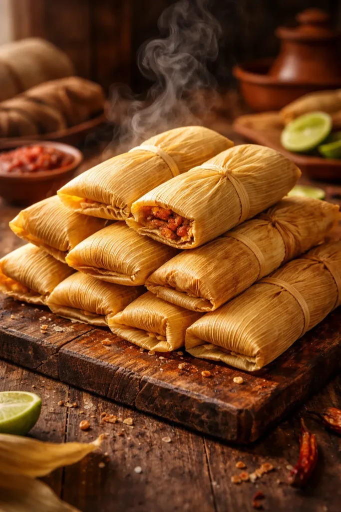 10 Mexican Dishes Worth Making From Scratch 1 Close-up of tamales wrapped in corn husks on a wooden board.