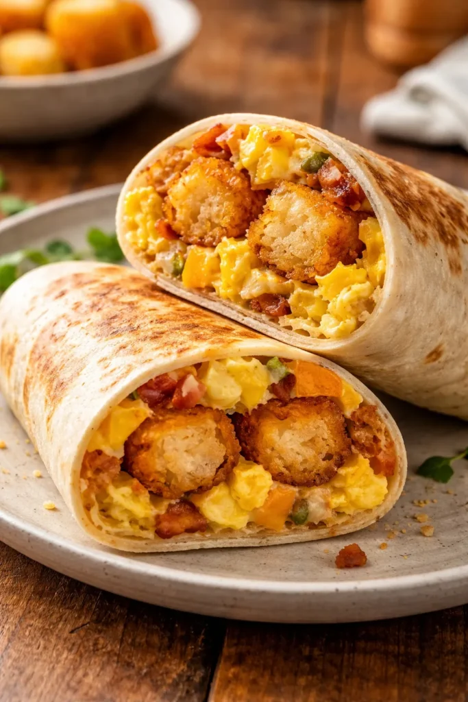 8 Breakfast Burrito Recipes for Meal Prep 5 Cross-section of Tater Tot Breakfast Burrito with tots, eggs, and cheese