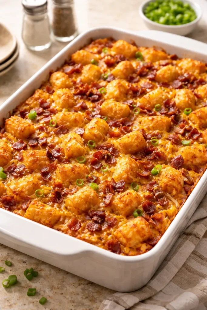 8 Breakfast Casseroles That Feed a Crowd 4 Crispy tater tot bacon breakfast casserole in a glass pan