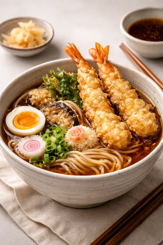 Close-up of tentsuyu broth ramen with tempura topping.
