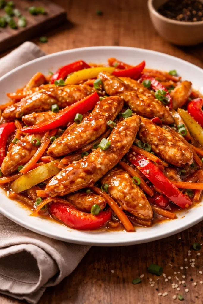 Teriyaki chicken with peppers and carrots in glossy glaze on plate