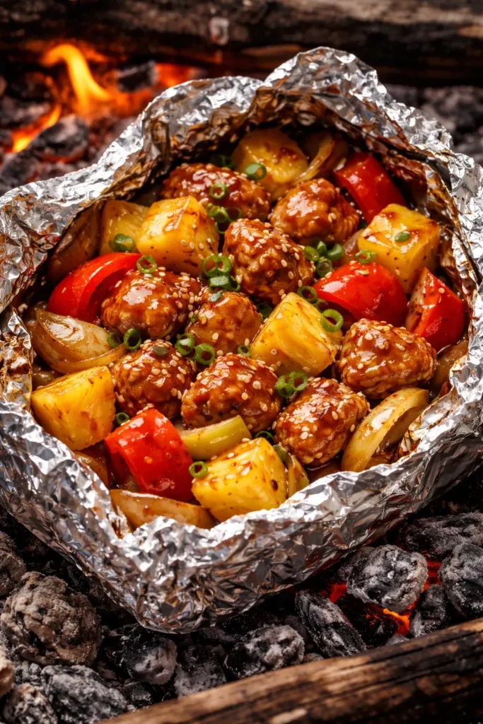 Foil packet on campfire showing teriyaki chicken sausage with pineapple, peppers and onions in glaze