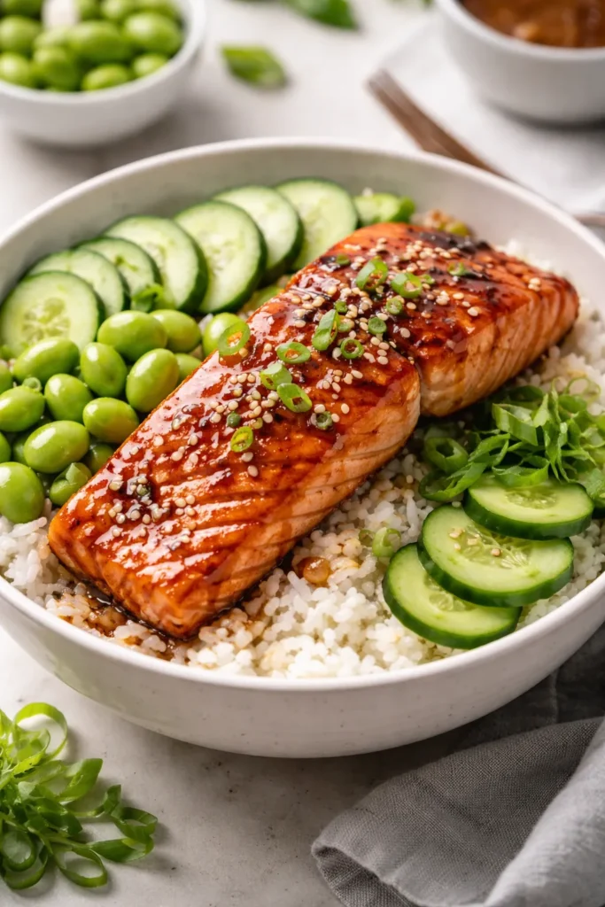Teriyaki salmon on rice bowl