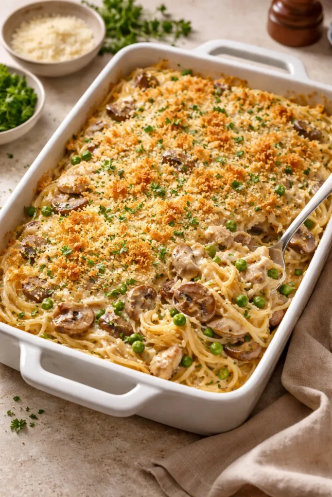 10 Chicken Casseroles the Whole Family Loves 9 Chicken Tetrazzini in a baking dish with parmesan breadcrumb topping