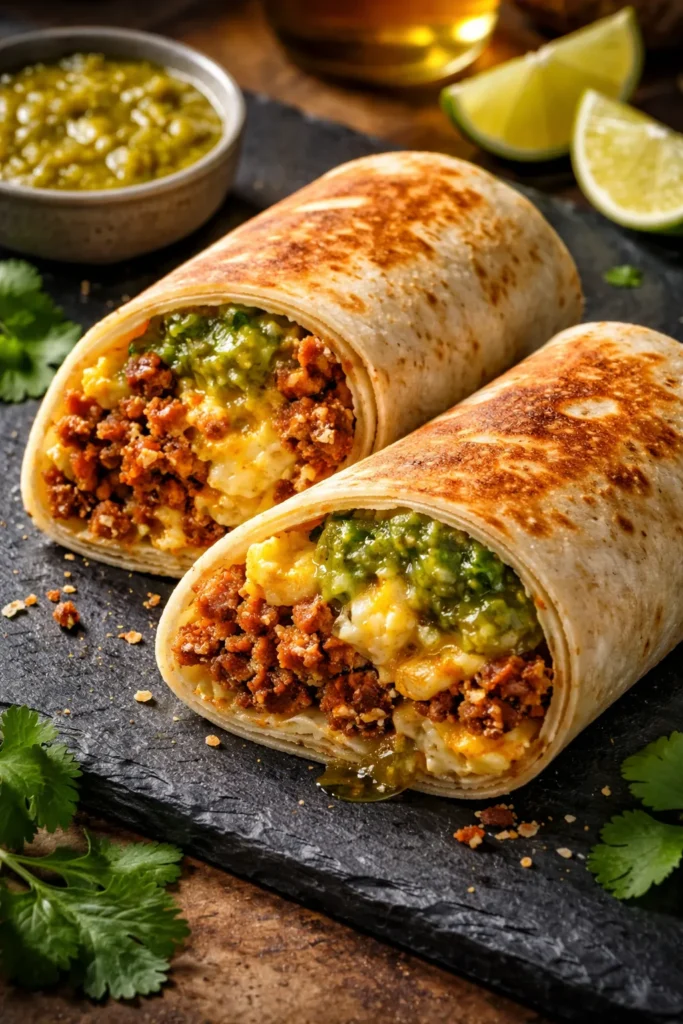 8 Breakfast Burrito Recipes for Meal Prep 9 Cross-section of chorizo burrito with cheese and salsa verde interior
