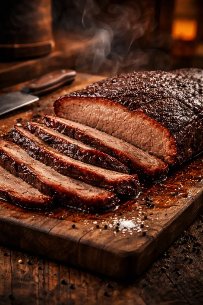 12 Classic American Dinners Everyone Loves 1 Smoked Texas-Style beef brisket slices with mahogany bark on a wooden board