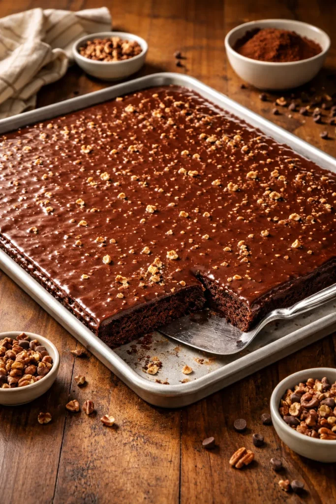 8 Potluck Recipes Everyone Asks You to Bring 5 Chocolate Texas sheet cake on a half-sheet pan with shiny icing
