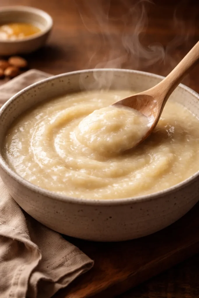 Steaming bowl of creamy porridge highlighting texture and warmth