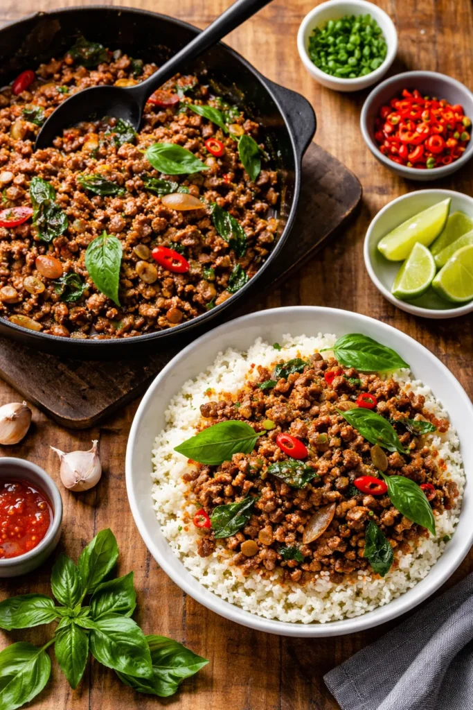 8 Paleo Dinners That Don't Taste Boring 3 Beef with Thai basil over cauliflower rice in a skillet