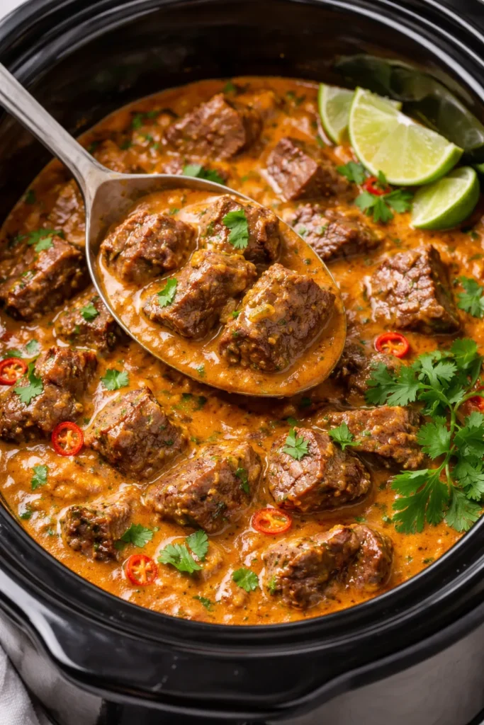 10 Slow Cooker Beef Recipes Fork-Tender 11 Beef in Thai coconut curry served in a bowl