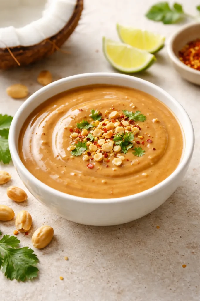 Velvety Thai coconut peanut sauce in a bowl.