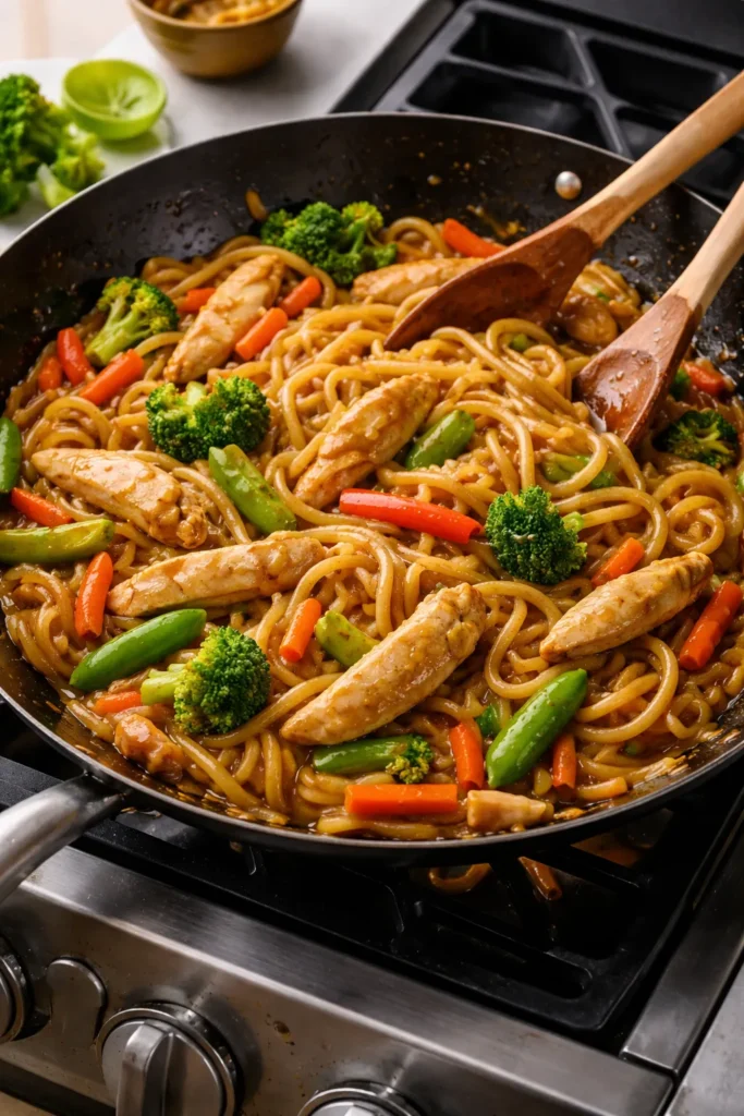 8 Stovetop Dinners When You're Short on Time 9 Thai peanut chicken noodles in a wok with vegetables and peanut sauce