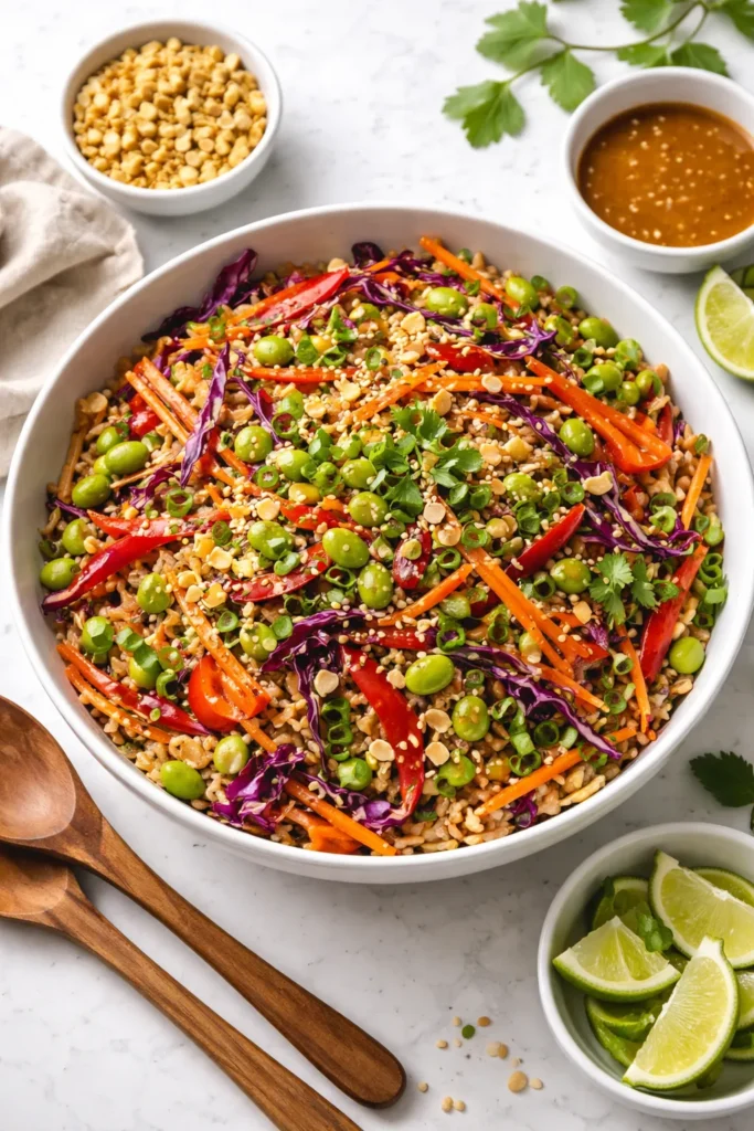 Thai peanut slaw with edamame and brown rice in a bowl
