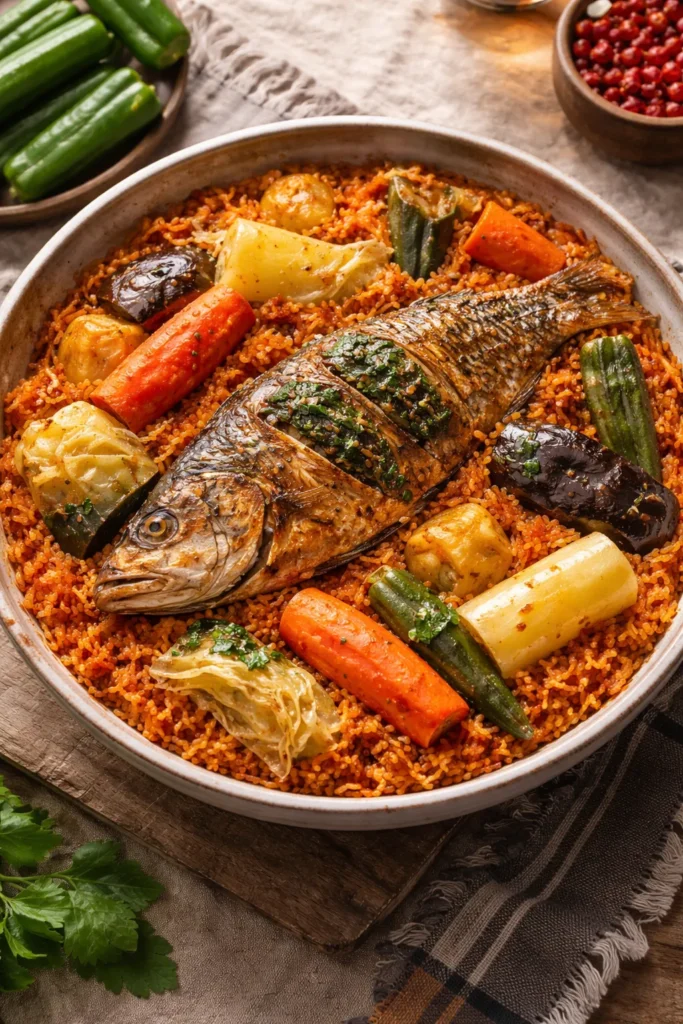 10 West African Recipes to Try at Home 6 Thieboudienne rice and fish in a wide bowl with vegetables.
