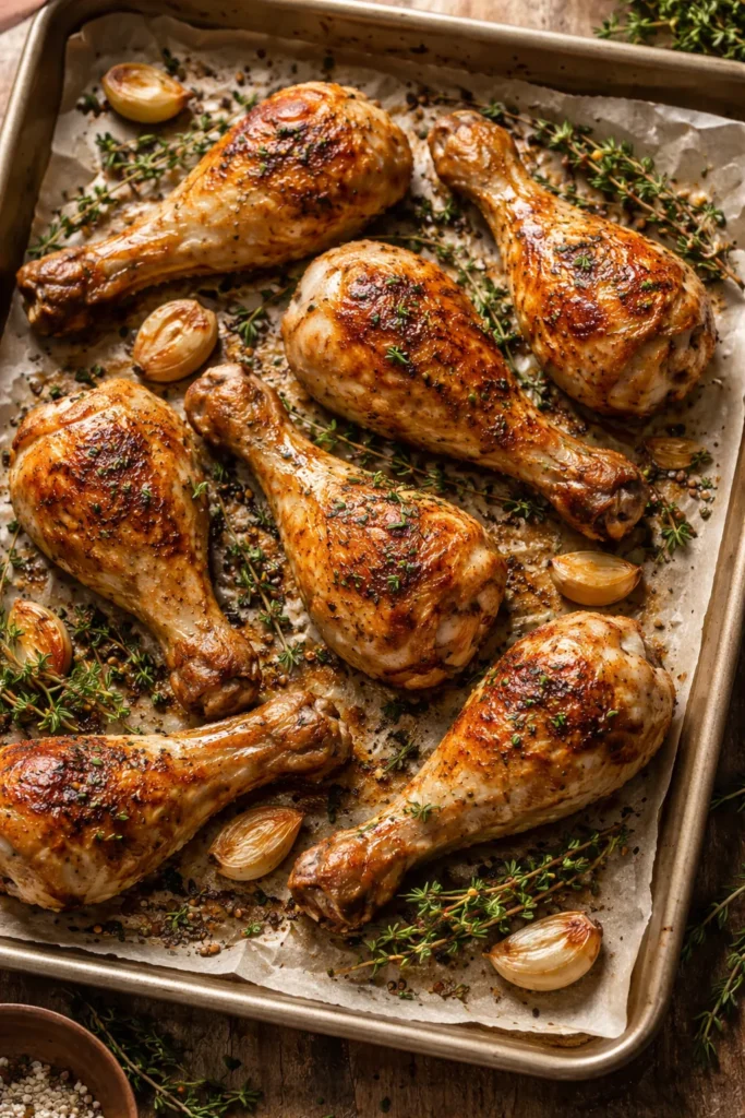 10 Crispy Chicken Drumstick Recipes for Dinner 9 Roasted chicken legs with thyme and garlic, thyme leaves visible