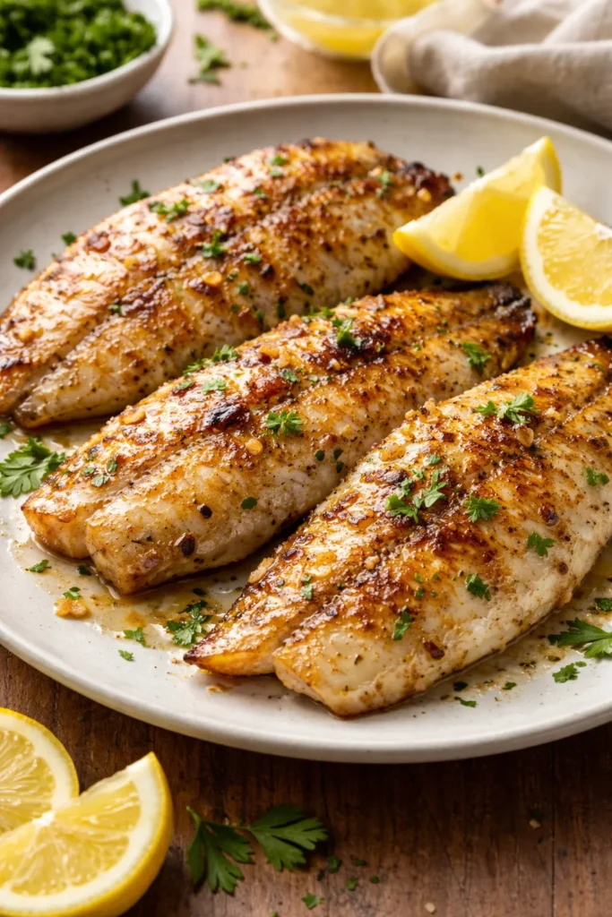Tilapia fillet with garlic butter glaze on a warm plate