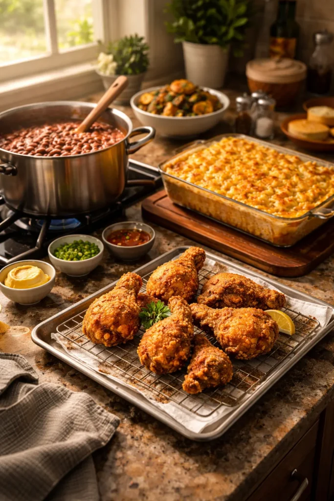 Kitchen scene showing dishes at different stages of readiness