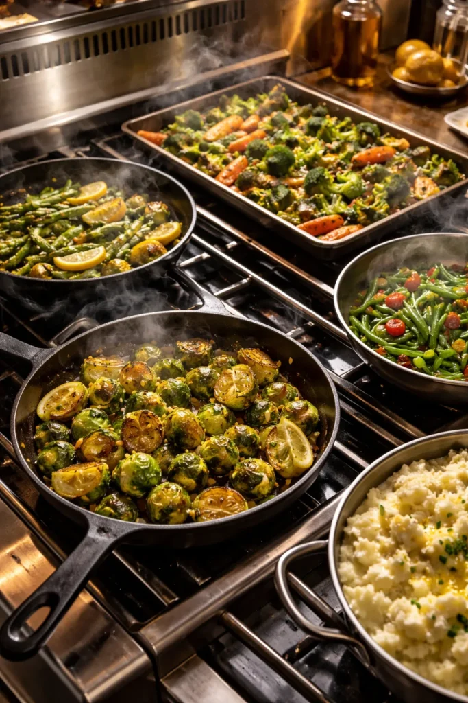 10 Veggie Sides That Outshine the Main Dish 13 Steam rising from a variety of colorful vegetable sides in pans on a stove