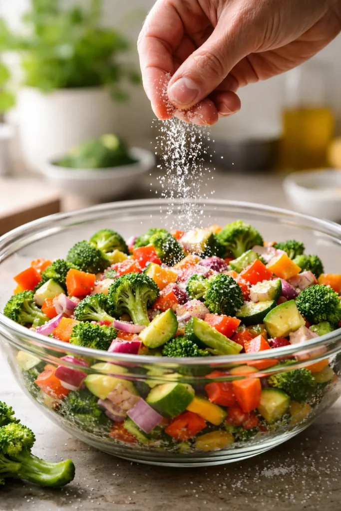 Hand sprinkling salt over chopped vegetables in a bowl.