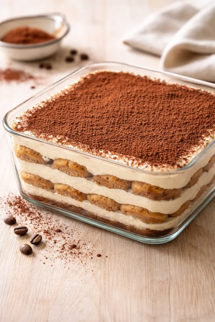 15 Fool Proof Dessert Recipes for Bad Bakers 5 Layered tiramisu in dish with cocoa dusting