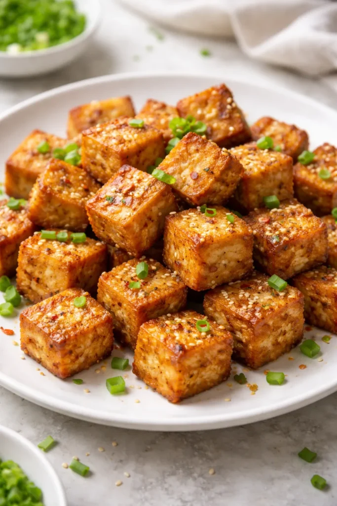 12 Air Fryer Dinners Crispy Without the Oil 8 Crispy tofu cubes on plate