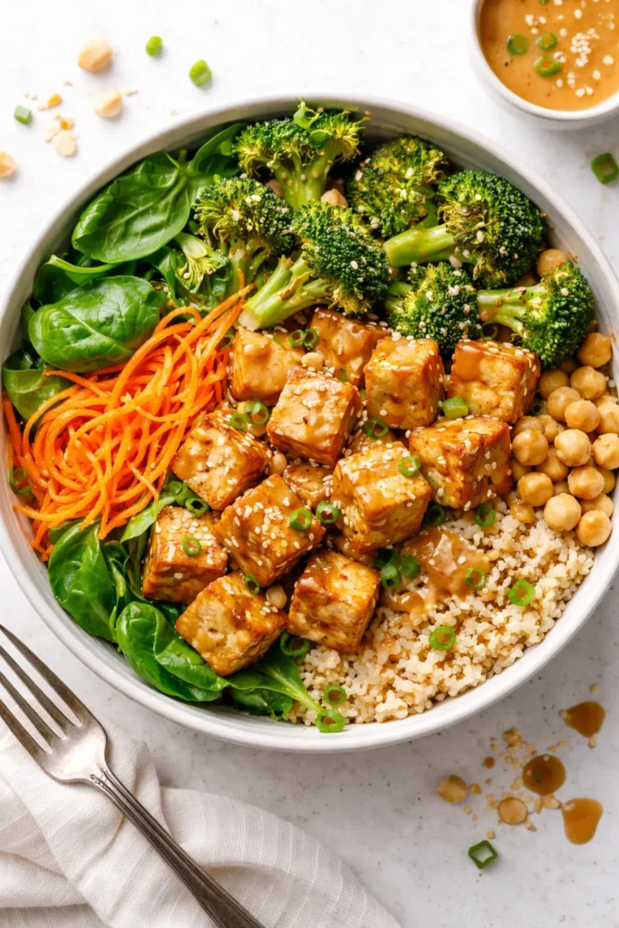 8 Protein Bowl Recipes to Eat After the Gym 4 Top-down Thai Peanut Tofu Bowl with tofu, rice, broccoli, carrots, spinach, and peanut sauce