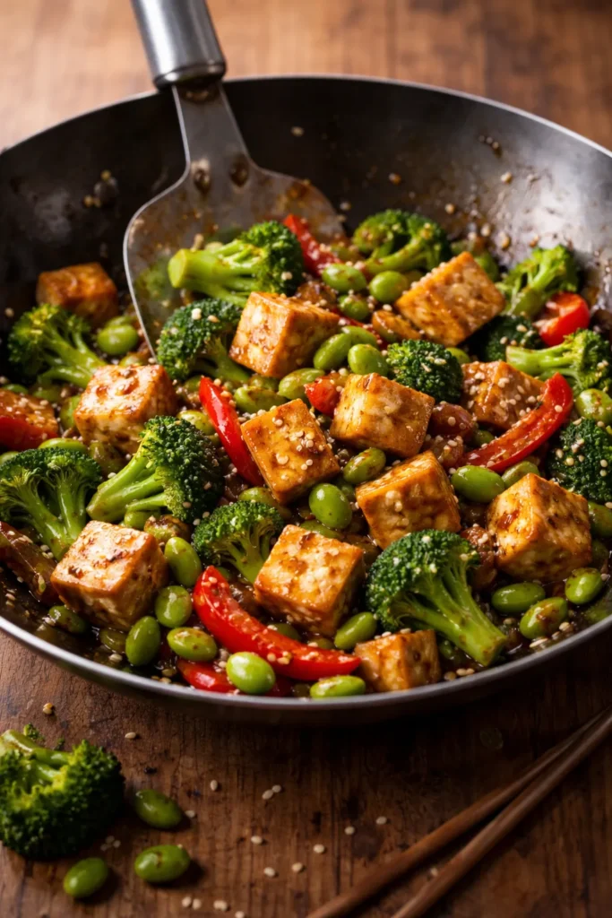 Tofu and edamame stir-fry with broccoli and red pepper in sesame sauce