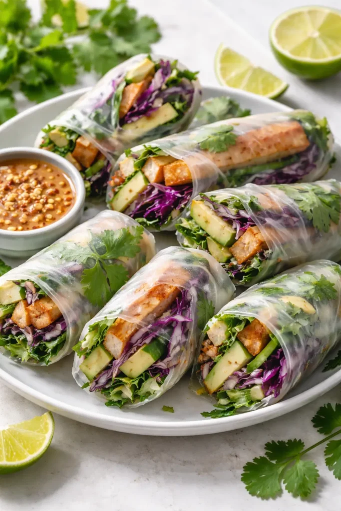 Fresh Vietnamese tofu spring rolls with avocado and colorful vegetables visible through rice paper