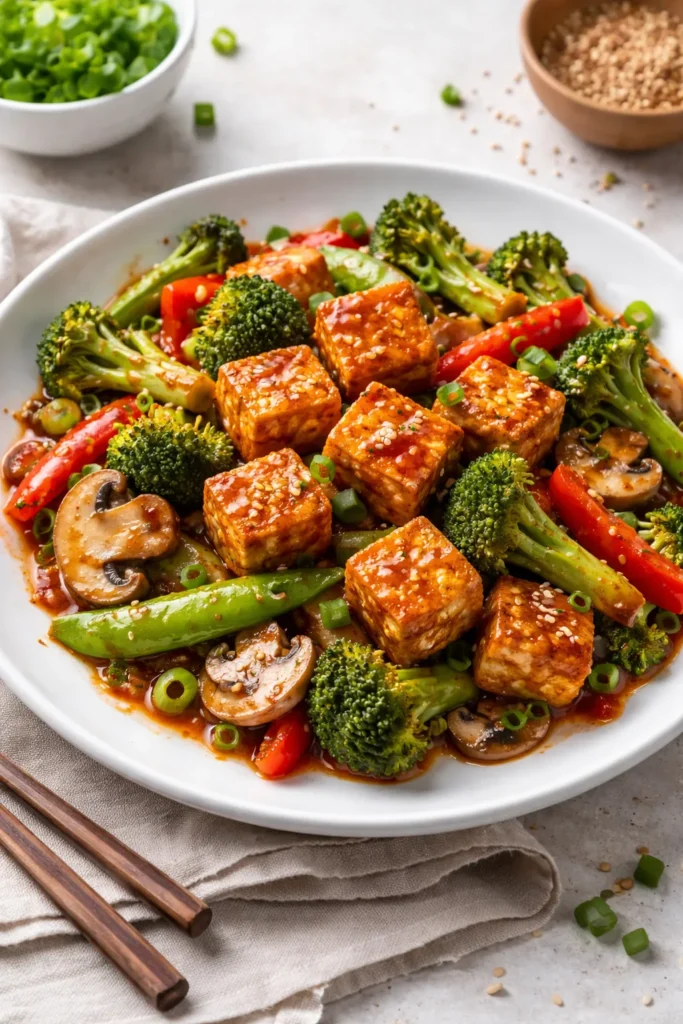 Close-up of crispy tofu and colorful vegetables in sriracha glaze on plate