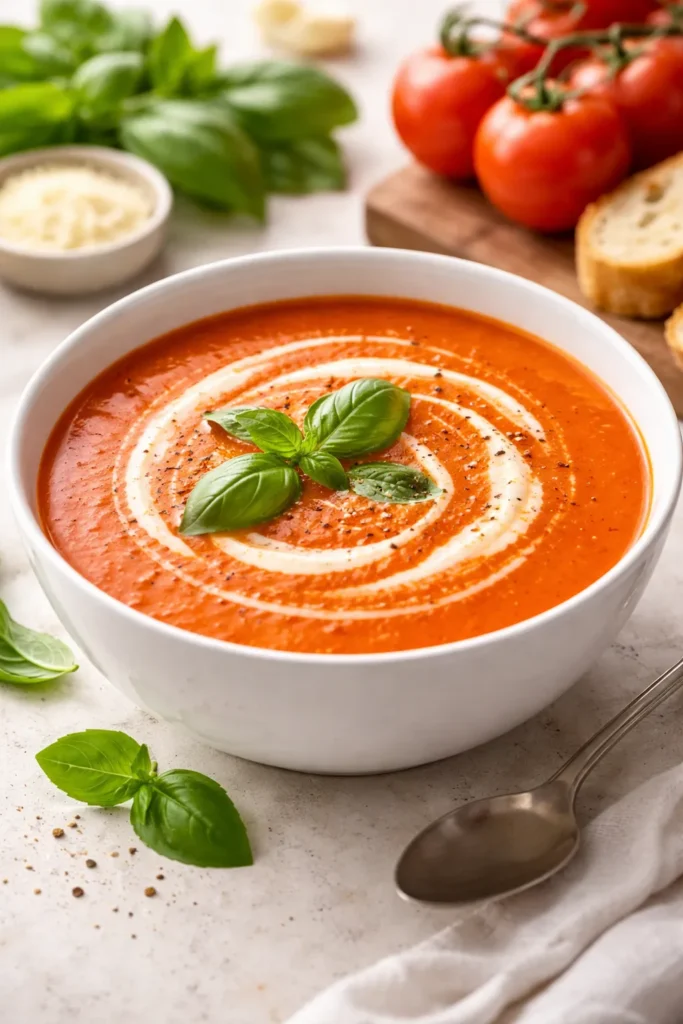 10 Homemade Soup Recipes for Any Season 6 Creamy tomato basil soup in a bowl with basil garnish