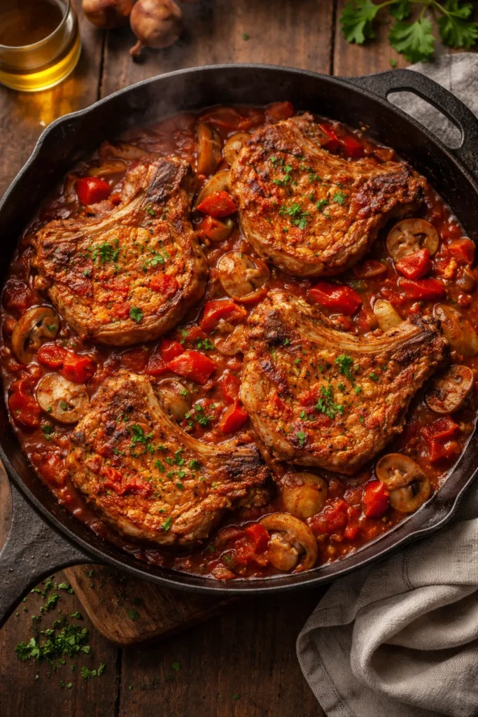 8 Slow Cooker Pork Chops That Fall Apart 9 Bone-in pork chops braised in tomato sauce with vegetables