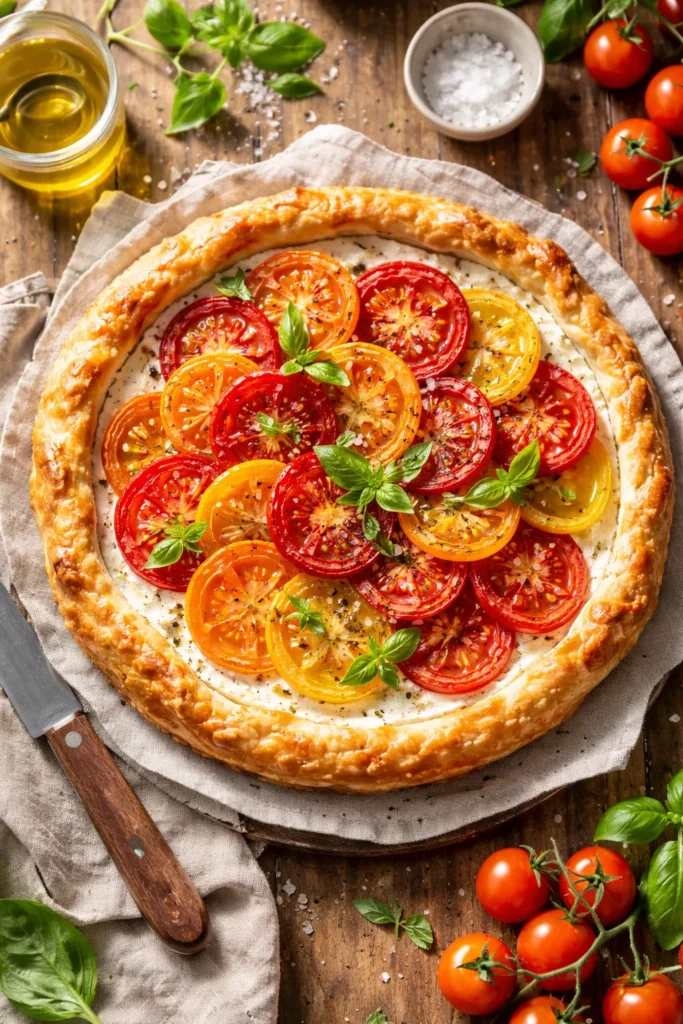 Tomato ricotta tart on puff pastry with tomato slices