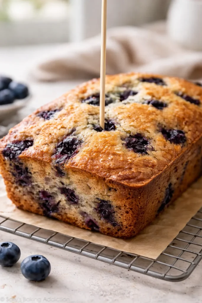 Moist Blueberry Muffin Bread for Coffee Time 8 Toothpick inserted into center of blueberry muffin bread to test doneness