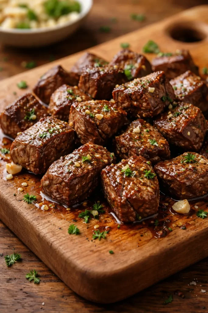 Top sirloin steak bites seared and arranged on a wooden board