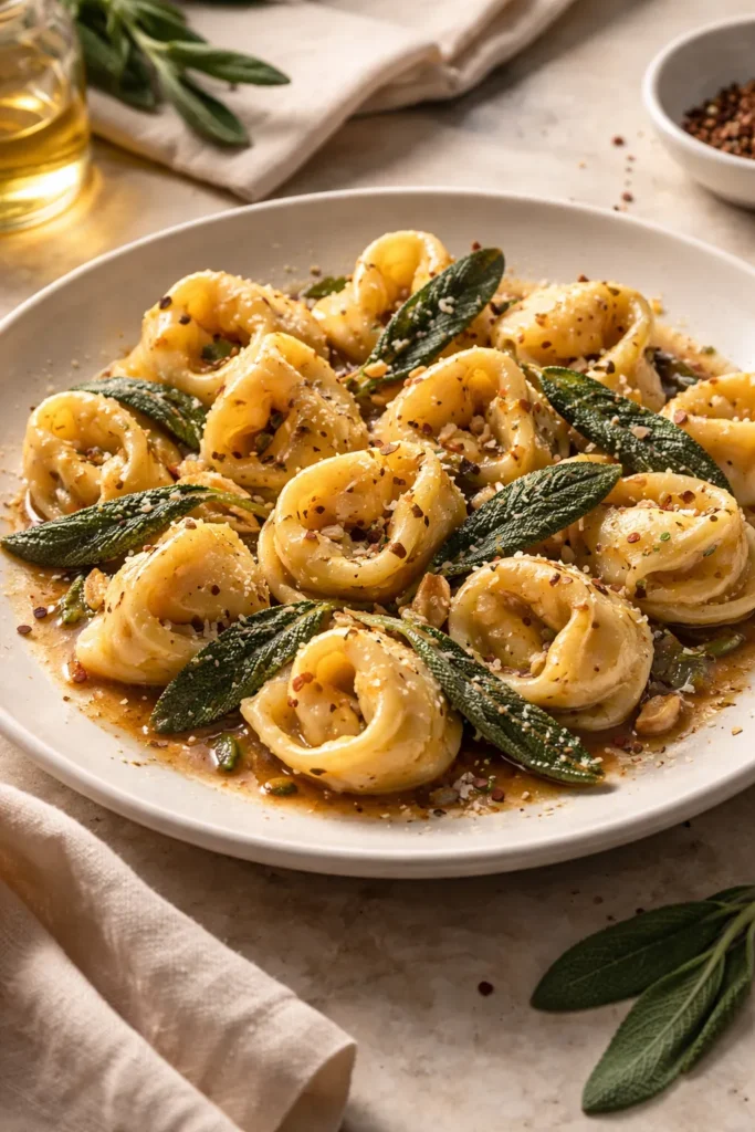 Chicken tortellini with sage brown butter and fried sage leaves on a plate