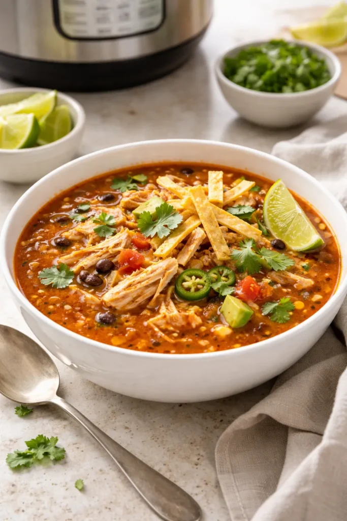 10 Pressure Cooker Recipes for Beginners 4 Bright bowl of chicken tortilla soup with shredded chicken in broth