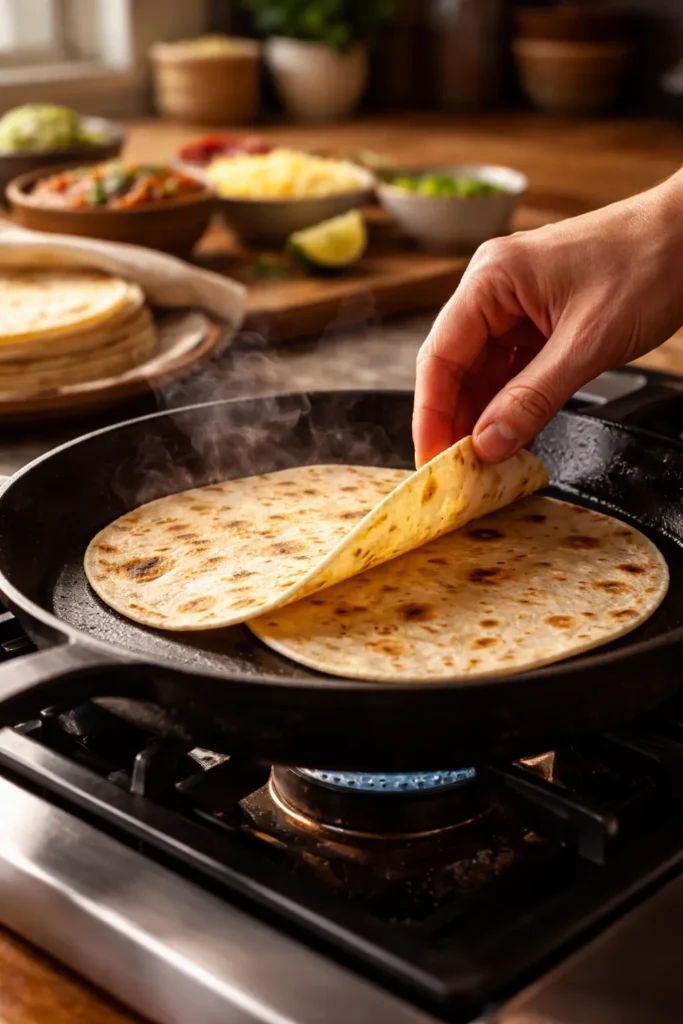 12 Mexican Dinner Recipes for Taco Night 14 Close-up of tortillas warming in a skillet, illustrating final taco-night step.