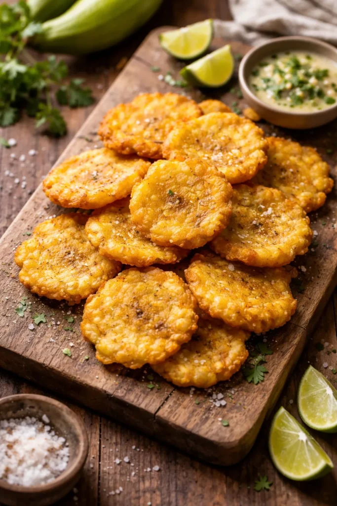 Close-up of golden crispy tostones on a rustic wooden board