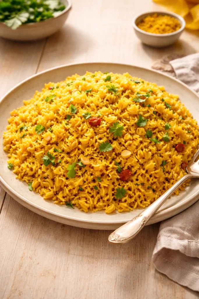 8 Trinidadian Curry and Rice Recipes at Home 8 Close-up of turmeric-spiced curry rice on a plate with separate grains