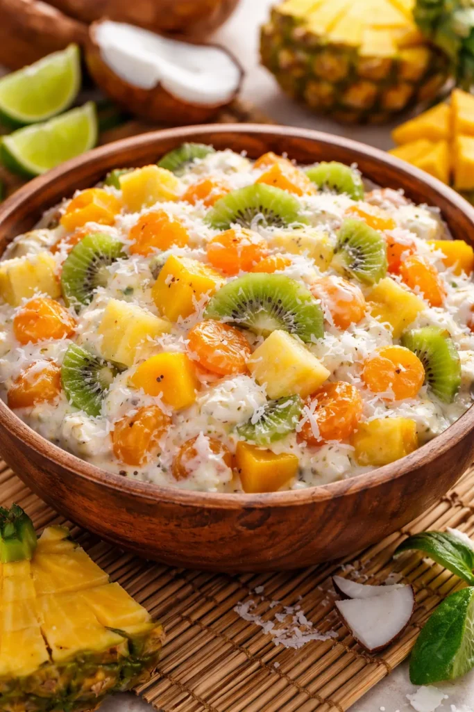 8 Ambrosia Salad Recipes for Potlucks 3 Tropical ambrosia salad with fresh mango, kiwi, and pineapple chunks