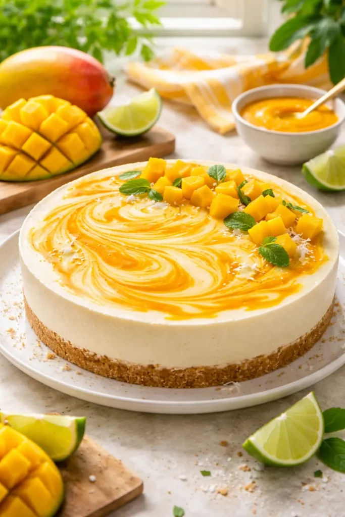 10 No Bake Cheesecakes for Hot Summer Days 10 Bright Mango Cheesecake with mango swirl on top