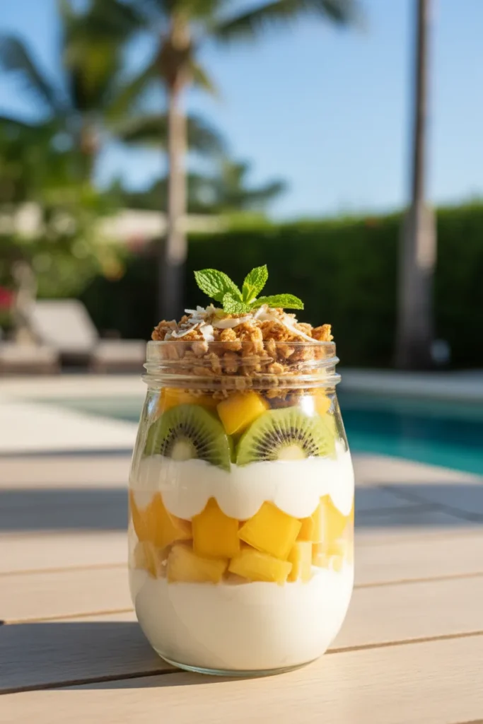 8 Yogurt Parfait Recipes for a Quick Breakfast 3 Tropical fruit parfait with pineapple, mango, kiwi, and coconut flakes